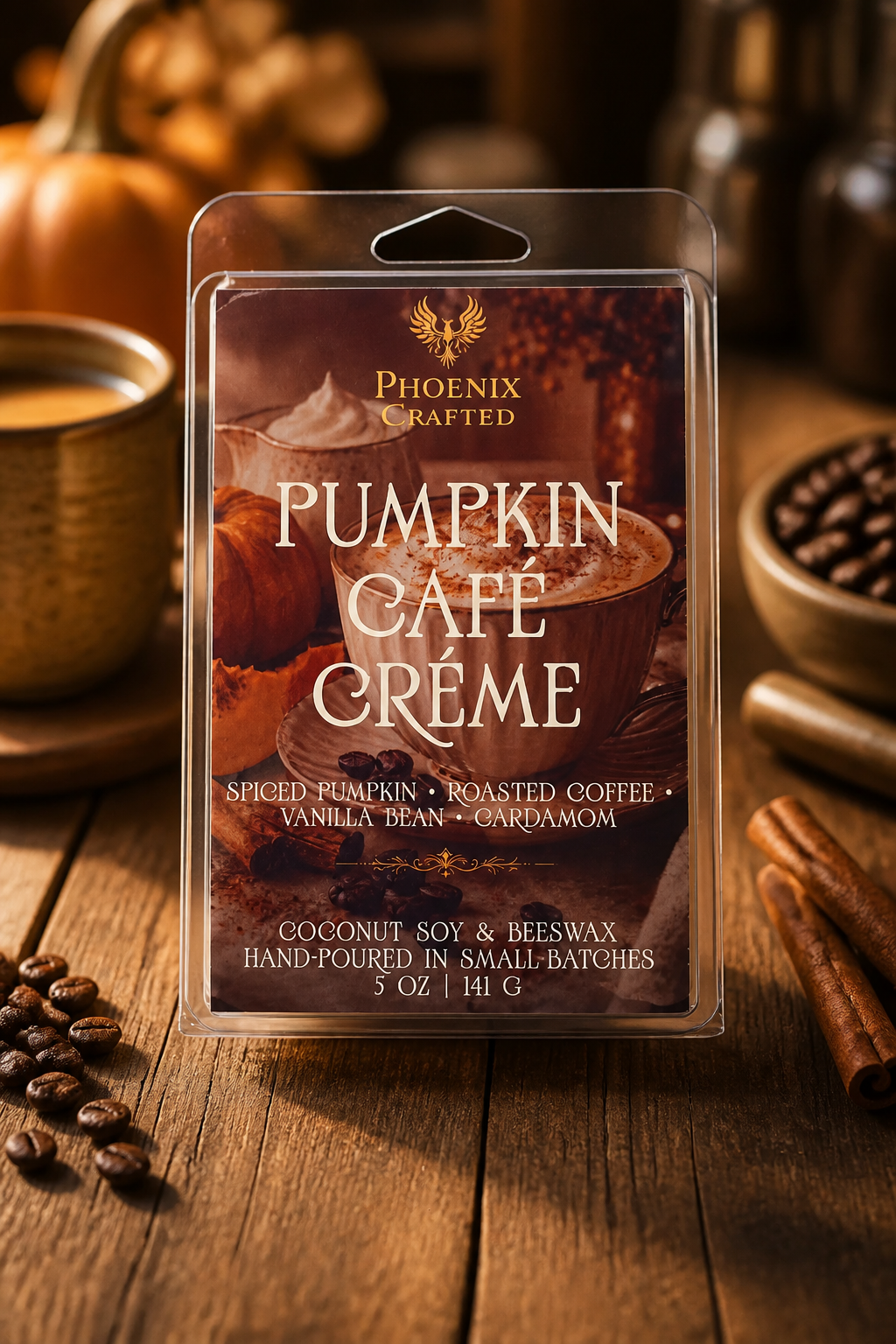 Pumpkin Café Crème 5 oz wax melts in Phoenix Crafted packaging.