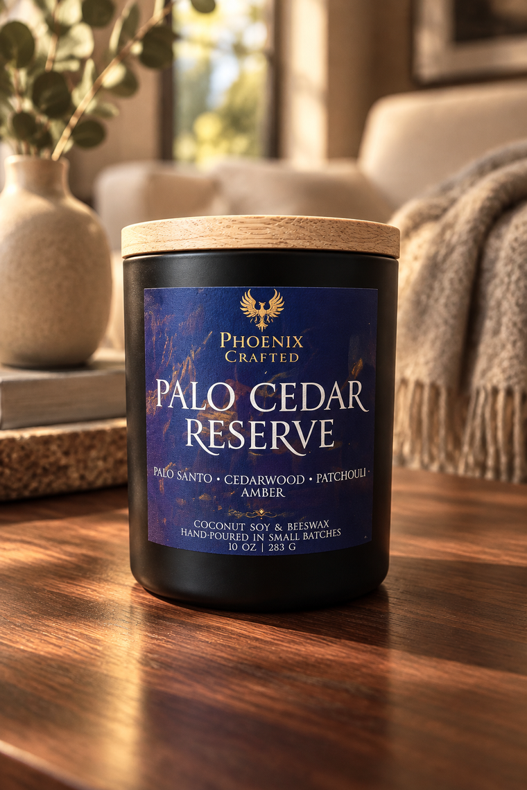 Palo Cedar Reserve candle with palo santo and cedarwood fragrance, Phoenix Crafted