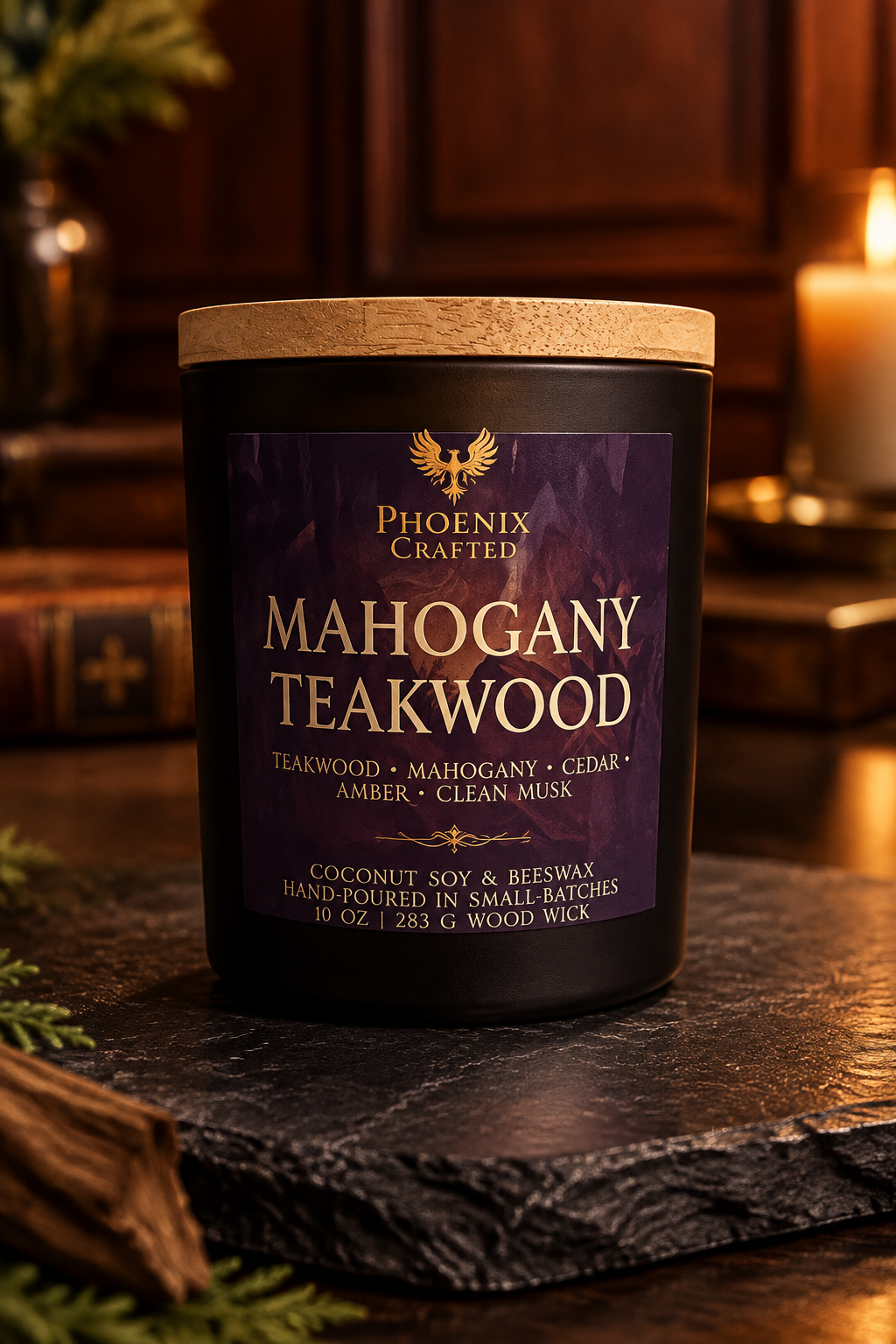 Mahogany Teakwood candle with fresh teakwood and mahogany fragrance, Phoenix Crafted
