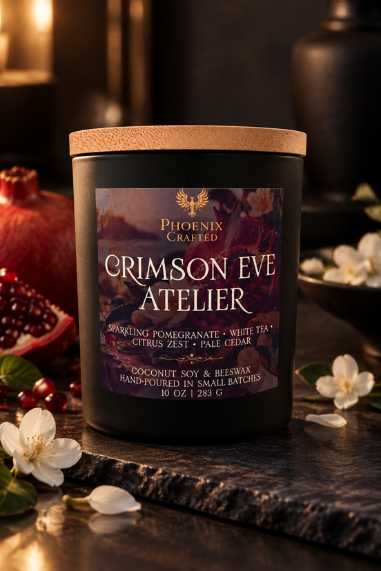 Crimson Eve Atelier holiday candle, second Phoenix Crafted product photograph