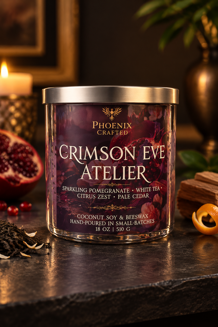 Crimson Eve Atelier candle with sparkling pomegranate and white tea fragrance