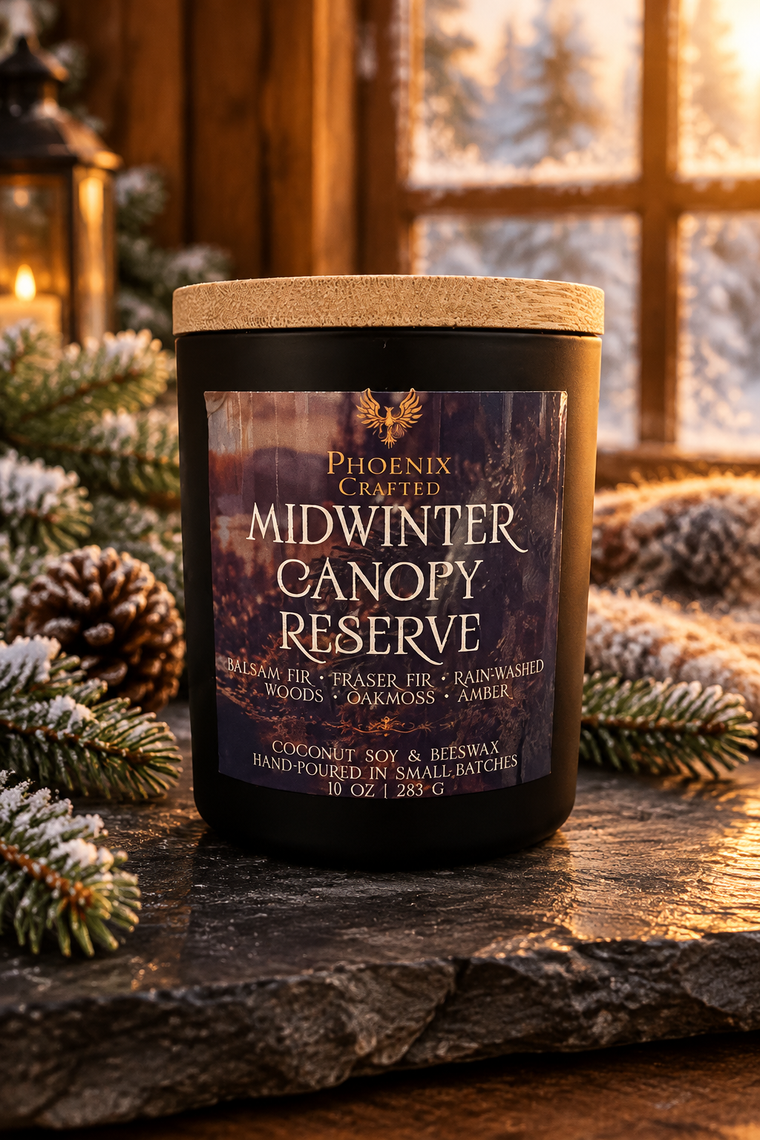 Midwinter Canopy Reserve candle with balsam fir and rain-washed woods fragrance