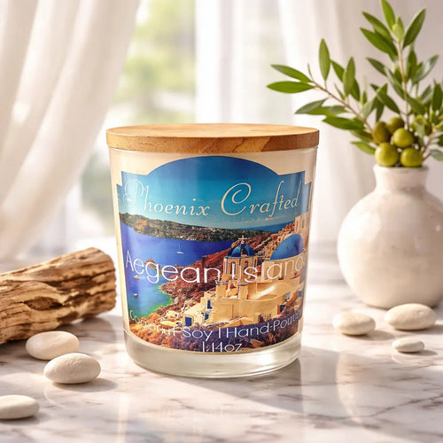 Aegean Islands candle by Phoenix Crafted in a serene setting with natural elements and bright colors.