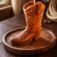 Leather cowboy-boot-shaped decorative candle with an embossed western pattern and a central wick, displayed on a round wood tray.