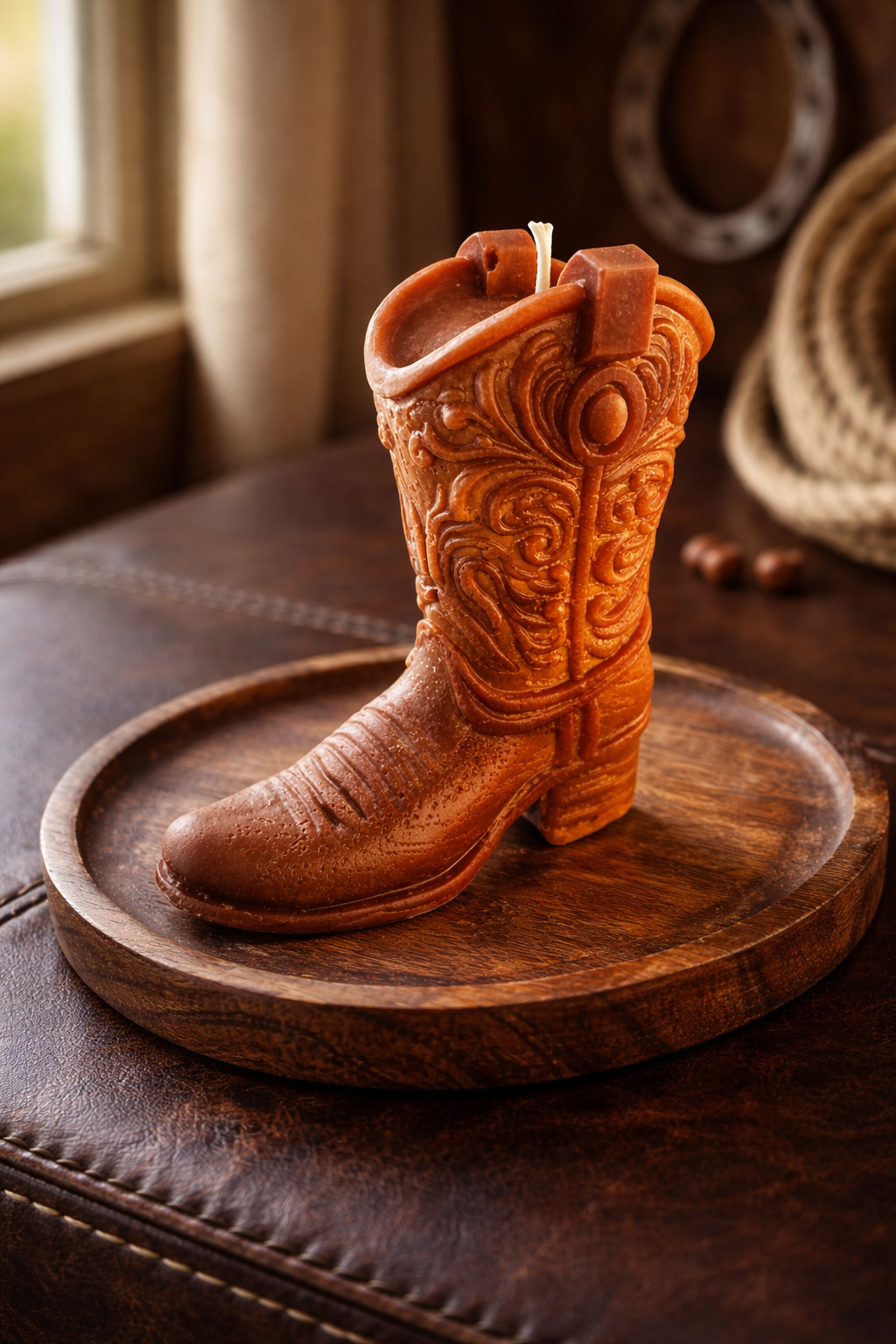 Leather cowboy-boot-shaped decorative candle with an embossed western pattern and a central wick, displayed on a round wood tray.