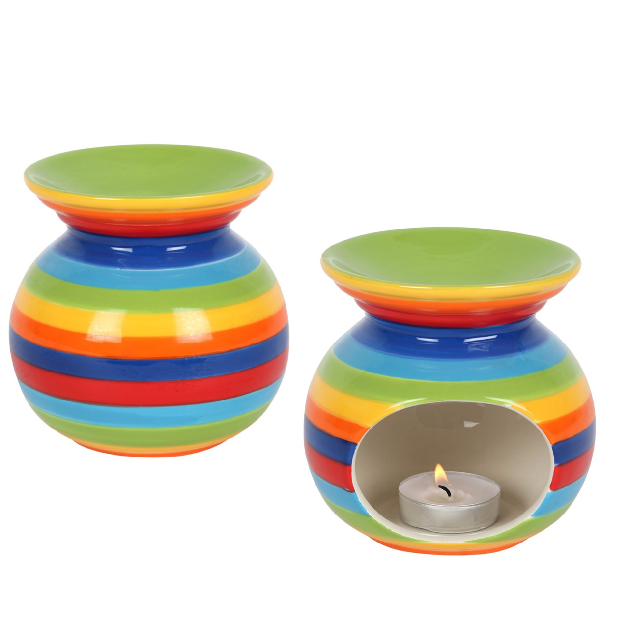 Rainbow Wax Melt Essential Oil Burner Warmer featuring a vibrant striped design and a tealight candle holder.
