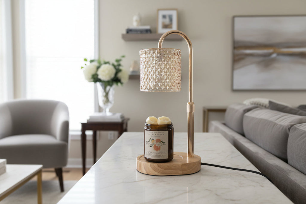 Lamp warmer for candles on a marble table with a candle jar, providing a stylish and safe fragrance experience.