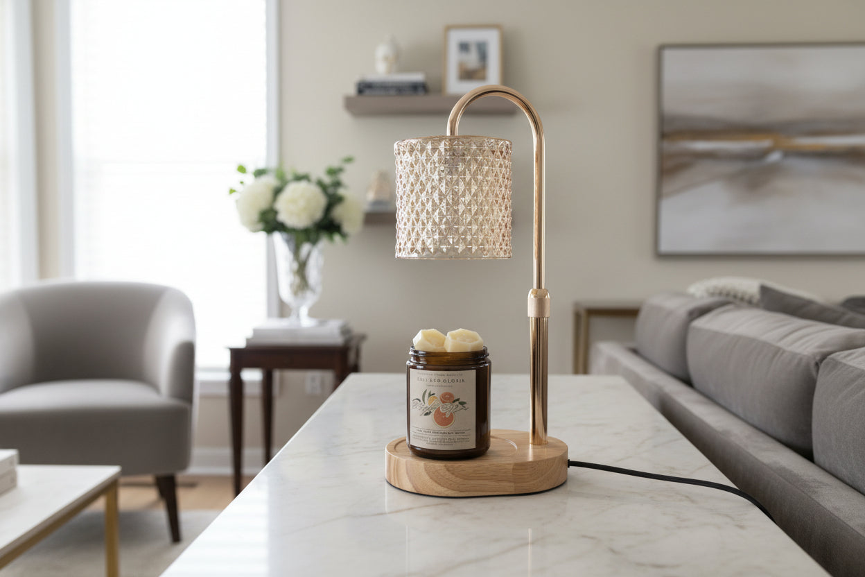 Brass arched lamp warmer with faceted glass shade and light wood oval base over an amber jar candle with orange label on a white marble table
