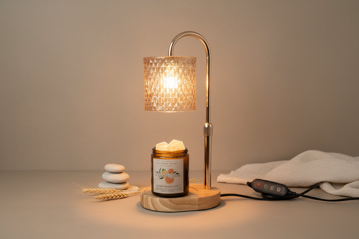 Chrome lamp warmer with patterned glass shade over a wood base holding an amber jar with white wax chunks; black remote.