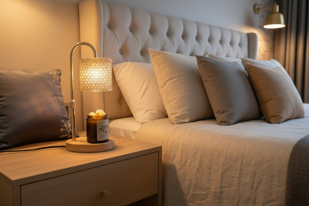 Lamp warmer with curved metal stem, textured beige drum shade and wooden base over an amber glass jar on an oak nightstand beside a tufted beige.