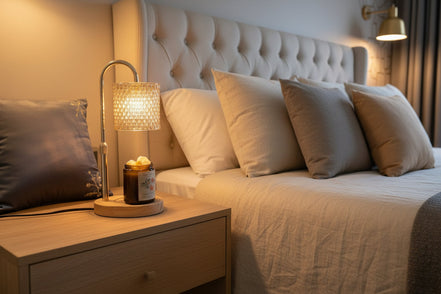 Lamp warmer with curved metal stem, textured beige drum shade and wooden base over an amber glass jar on an oak nightstand beside a tufted beige.