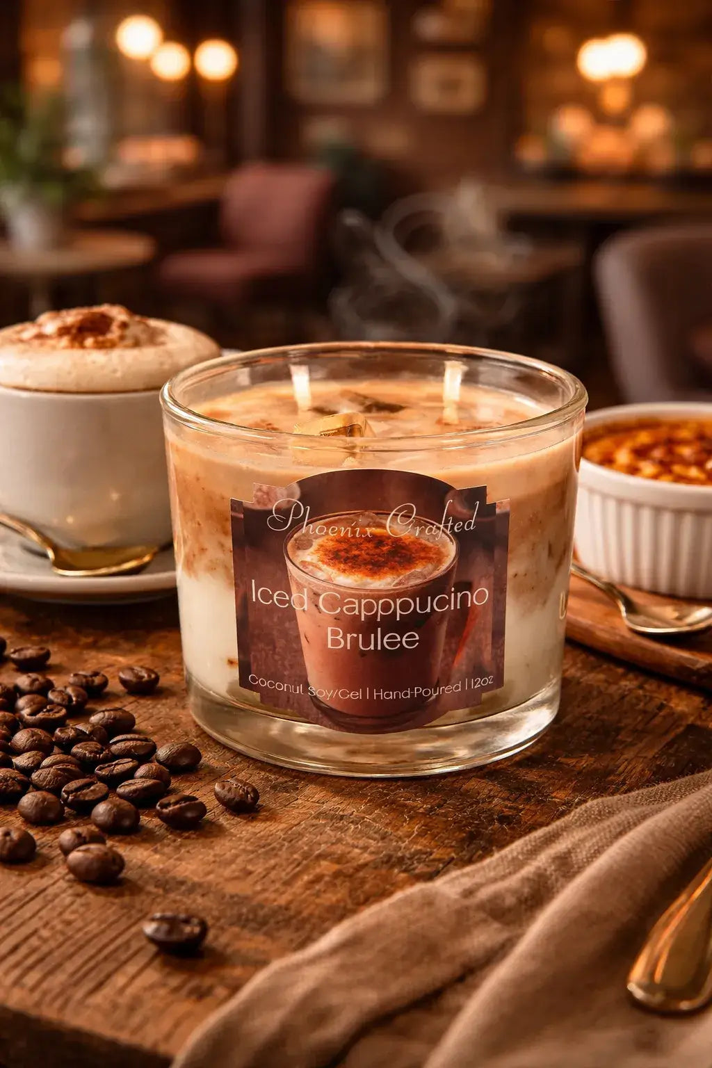 Iced Cappuccino Brûlée Candle beautifully displayed alongside coffee and dessert in a cozy café setting.