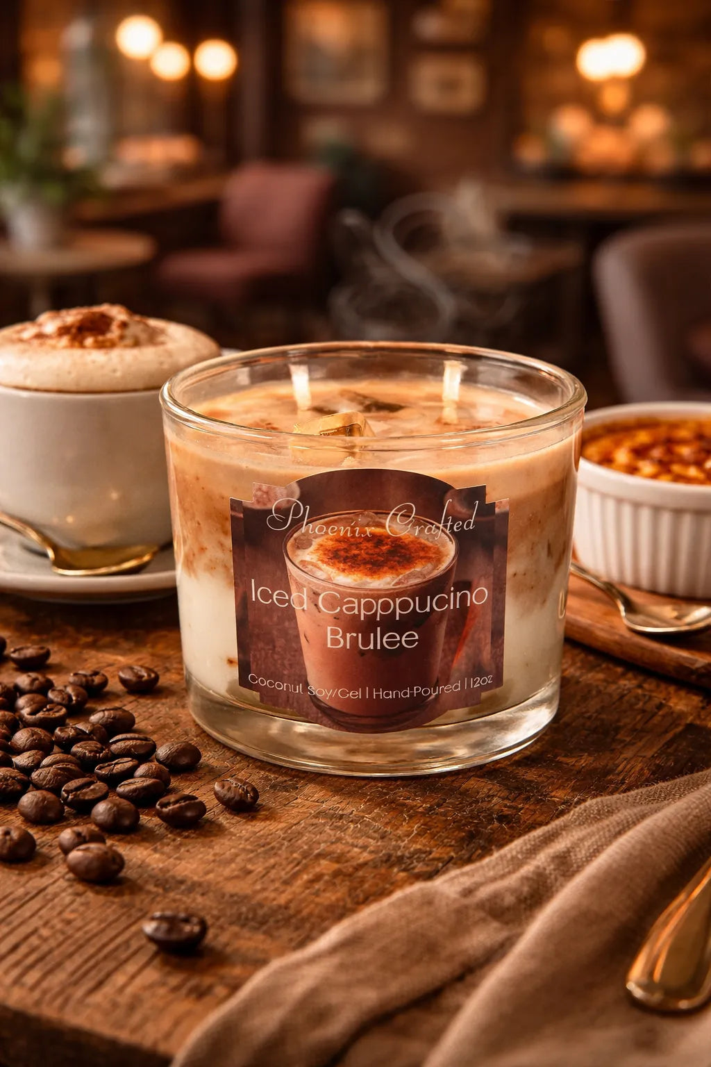 Iced Cappuccino Brûlée Candle beautifully displayed alongside coffee and dessert in a cozy café setting.