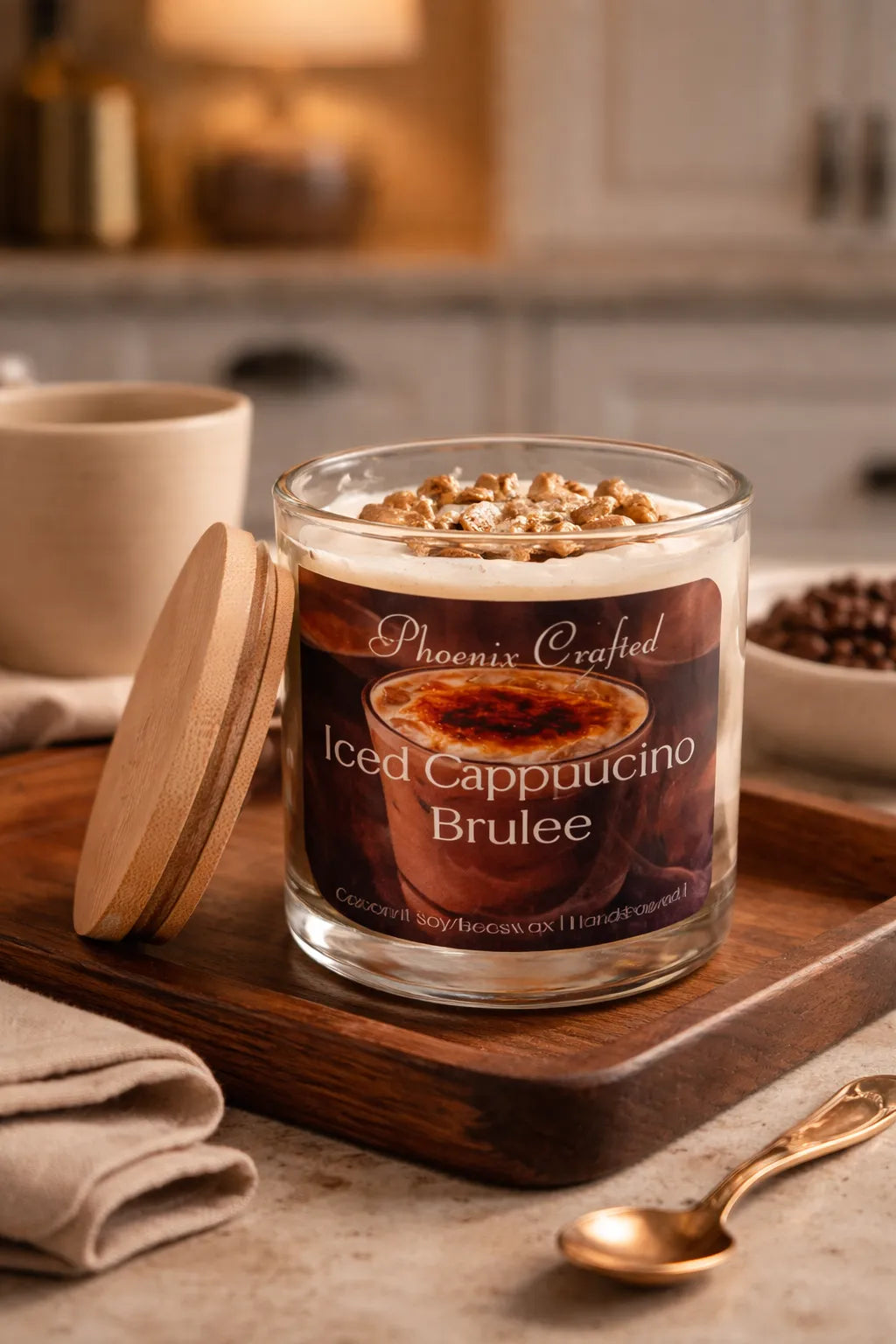 Iced Cappuccino Brûlée Candle in a glass jar on a wooden tray with decorative elements and a cozy kitchen background.
