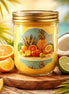 Yellow candle in a clear jar with a gold screw lid and 'Phoenix Crafted' label on a wooden board with halved coconut, lime, orange slices.