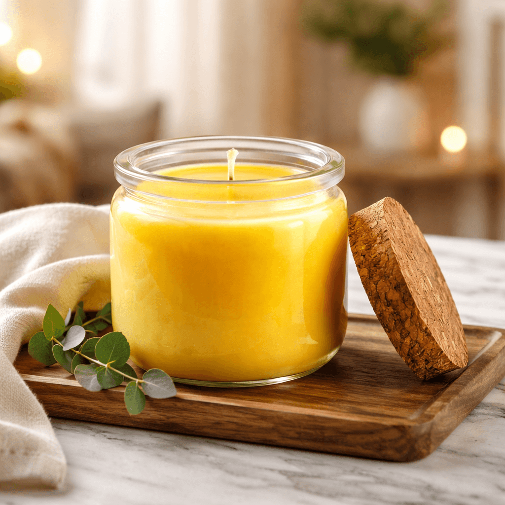 Pineapple Eclipse candle in a jar with cork lid, yellow wax, and green foliage on wooden tray.