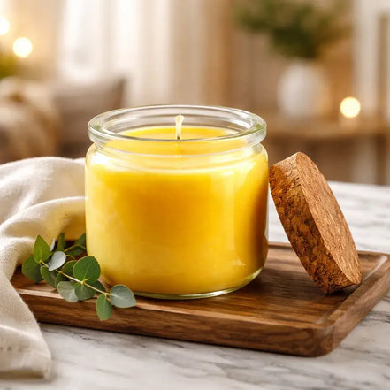 Island Citrus & Agave Candle in a glass jar with a cork lid, displayed on a wooden tray with greenery.