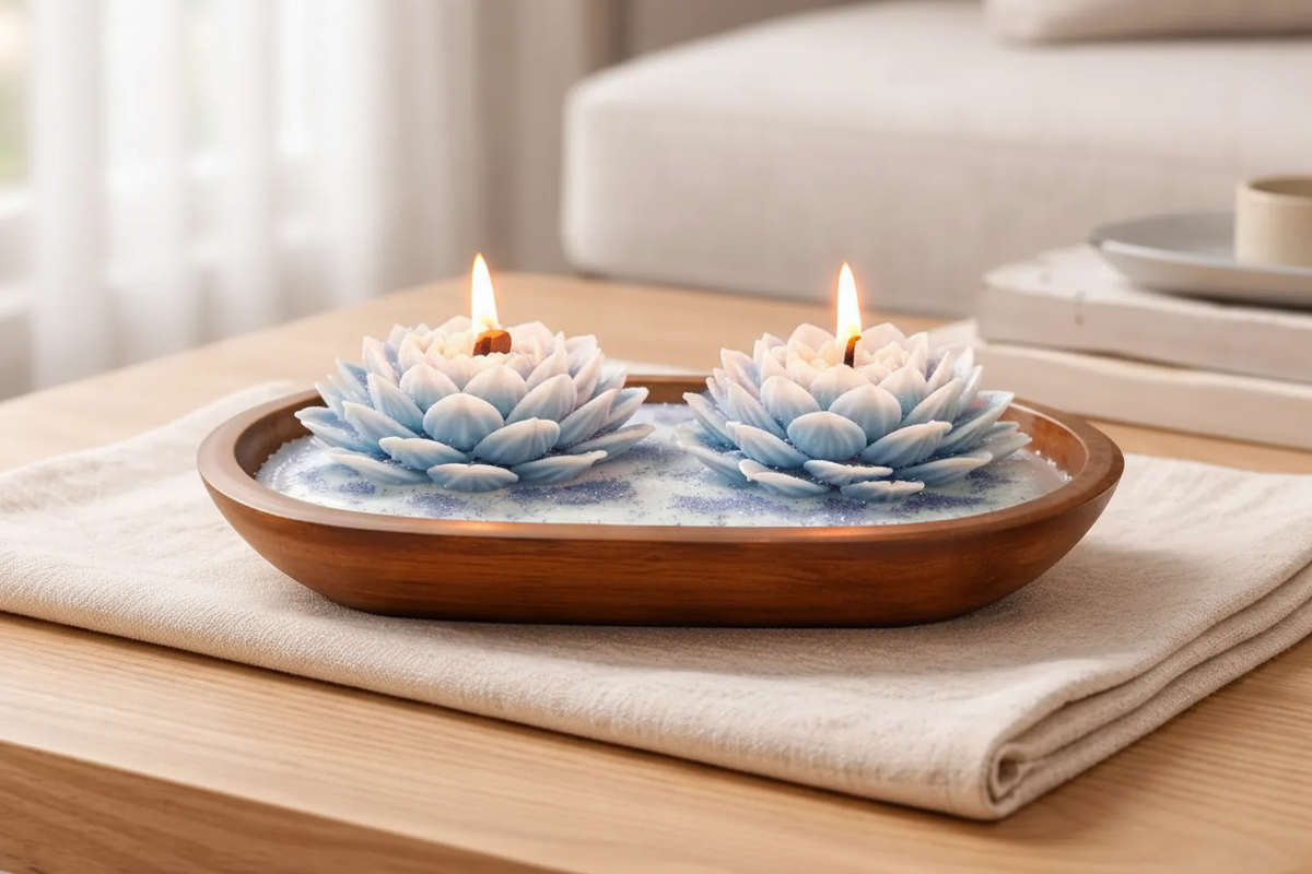 Island Orchard blue-and-white lotus-shaped decorative candles lit in an oval wooden bowl on a folded cream cloth.