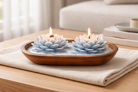 Island Orchard blue-and-white lotus-shaped decorative candles lit in an oval wooden bowl on a folded cream cloth.
