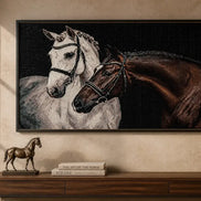 Kindred Companions finished two-horse diamond artwork shown in a frame mockup; artwork is sold unframed.