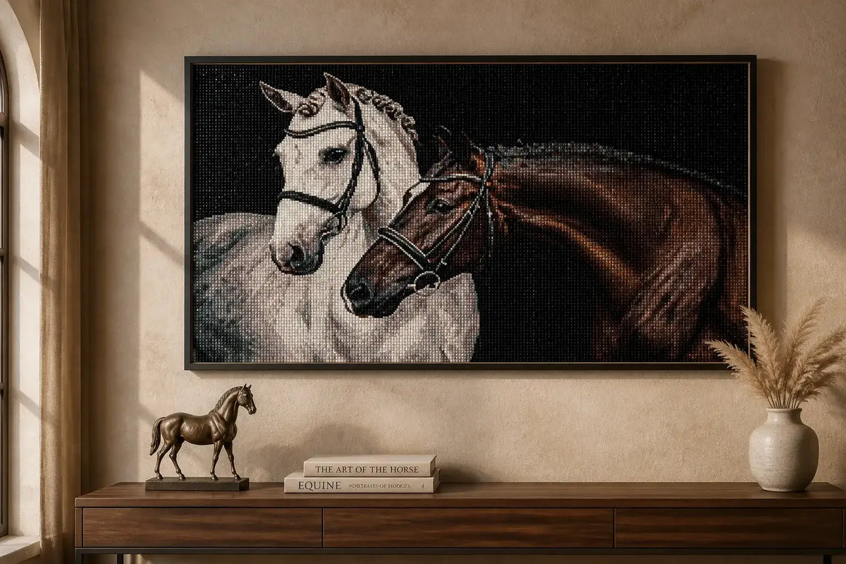 Kindred Companions finished two-horse diamond artwork shown in a frame mockup; artwork is sold unframed.