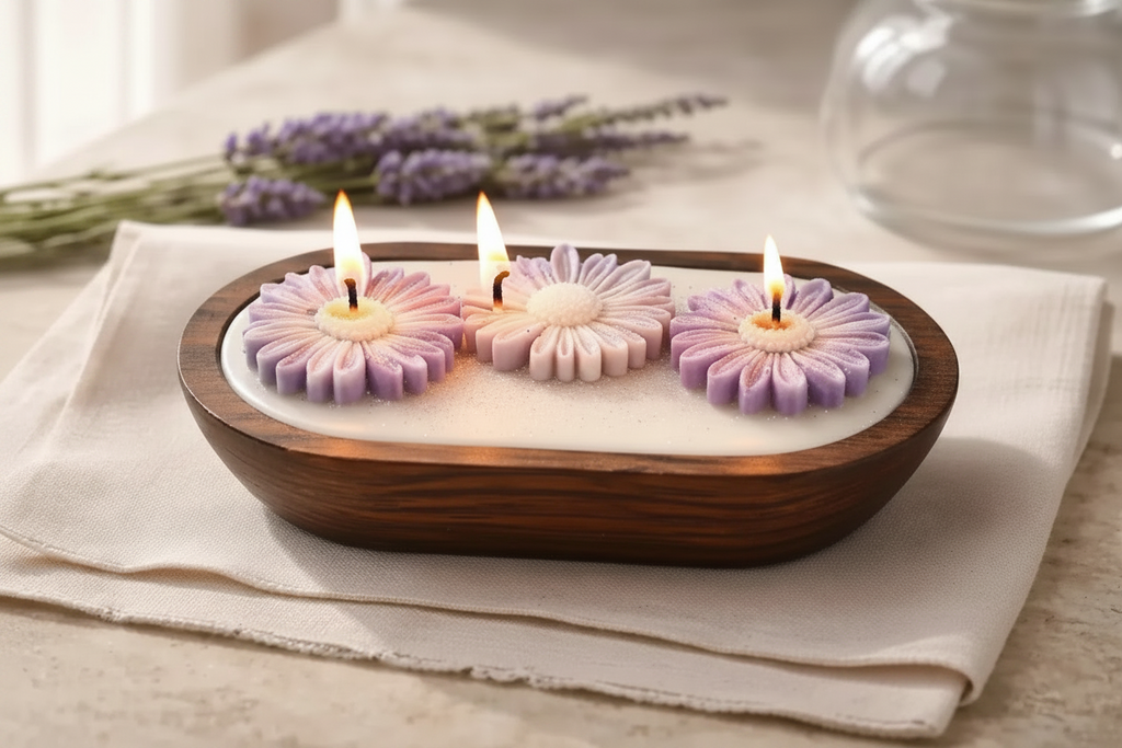 Lavender candle trio with floral designs, hand-poured in a wooden container, perfect for relaxation.