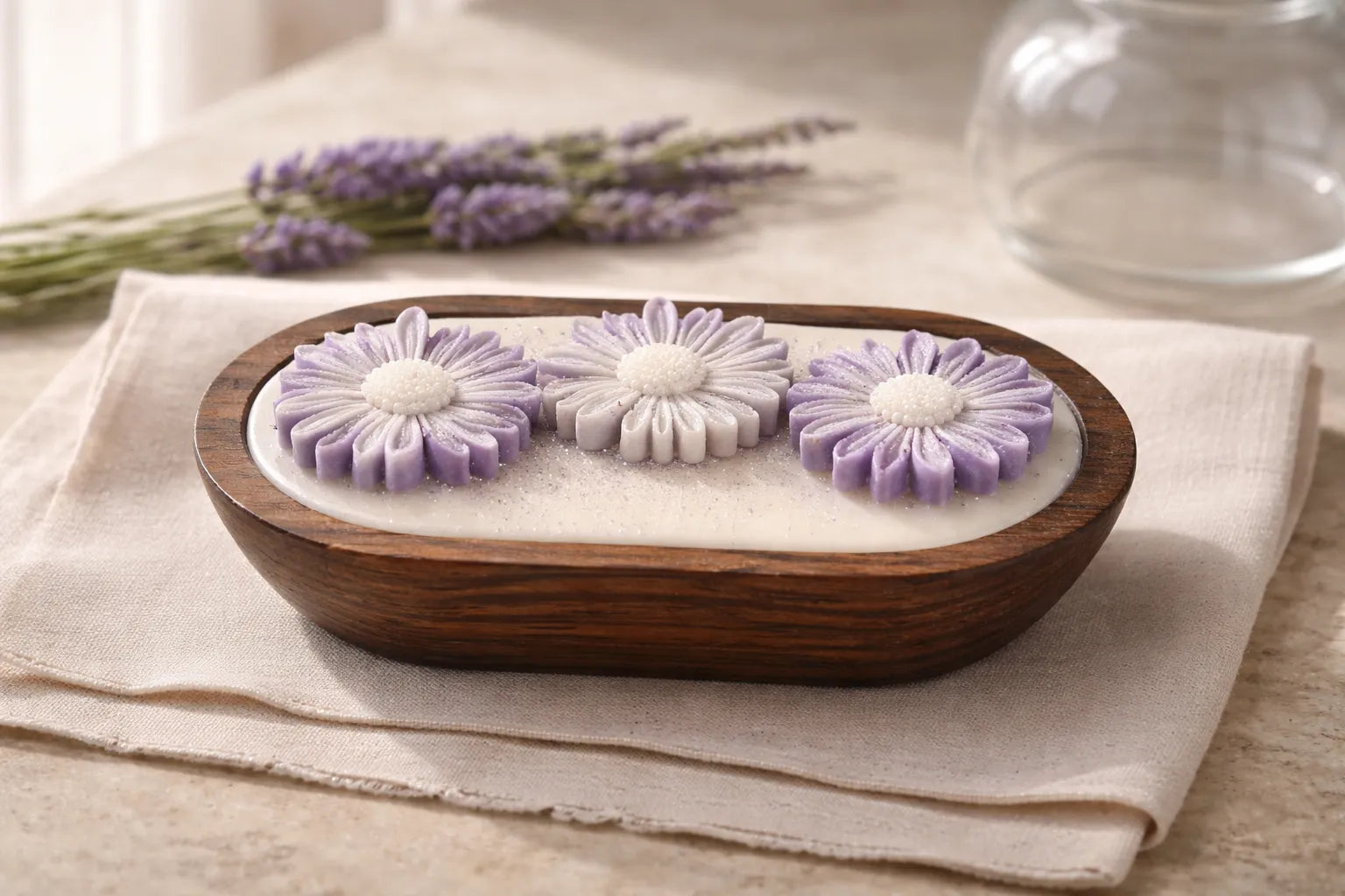 Lavender Candle with lavender flowers in a wooden dish, creating a serene and calming atmosphere for relaxation.