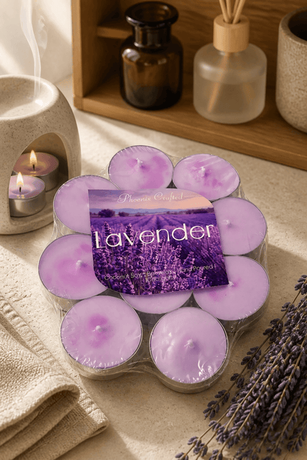 Lavender Tealights pack with hand-poured candles in a cozy setting, showcasing their soft purple glow.