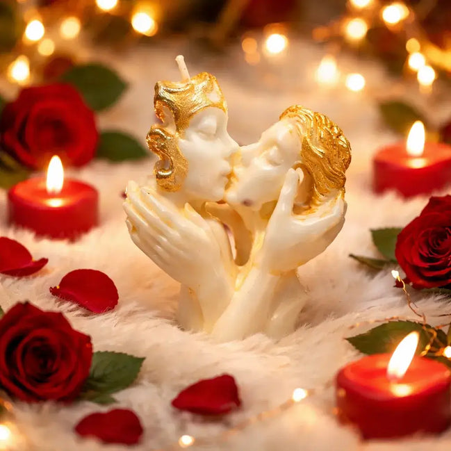 Lily & Ivy Veil Decorative Candles in a romantic setting with red roses and soft lighting.