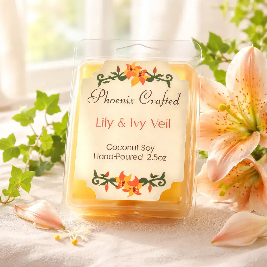 Yellow wax melts in a clear clamshell pack with a 'Phoenix Crafted' Lily & Ivy Veil label.