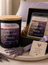 Linen & Lavender Fields candle and matching wax melts arranged together as a coordinated Phoenix Crafted gift set.