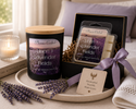 Linen & Lavender Fields candle and matching wax melts arranged together as a coordinated Phoenix Crafted gift set.