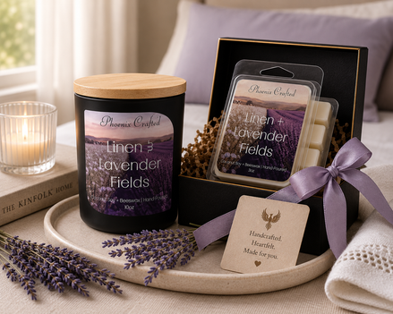 Linen & Lavender Fields candle and matching wax melts arranged together as a coordinated Phoenix Crafted gift set.