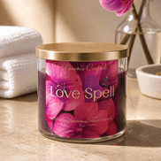 Love Spell Candle with a vibrant floral design, featuring rich pink hues and a golden lid, set on a marble countertop.