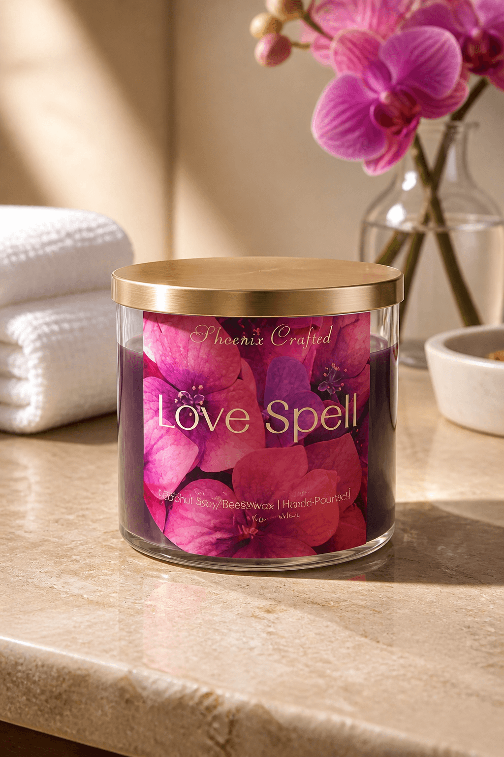 Love Spell Candle with a vibrant floral design, featuring rich pink hues and a golden lid, set on a marble countertop.
