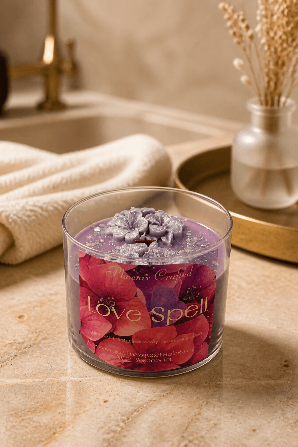 Love Spell Candle with purple wax and floral decorations, set in a stylish bathroom ambiance.