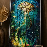 Luminous Drift Diamond Painting featuring a jellyfish design in vibrant colors and resin diamonds on display.