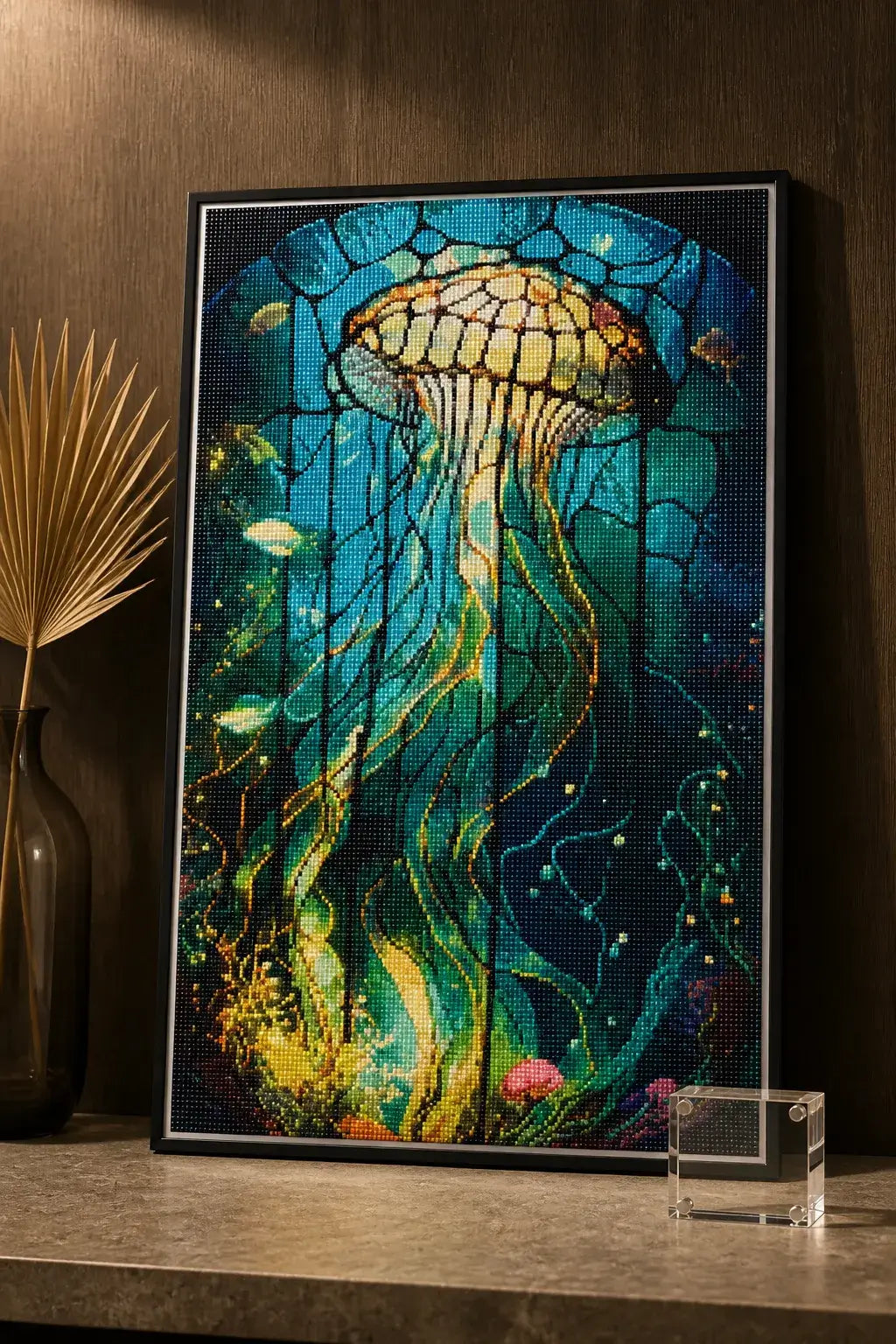 Luminous Drift Diamond Painting featuring a jellyfish design in vibrant colors and resin diamonds on display.