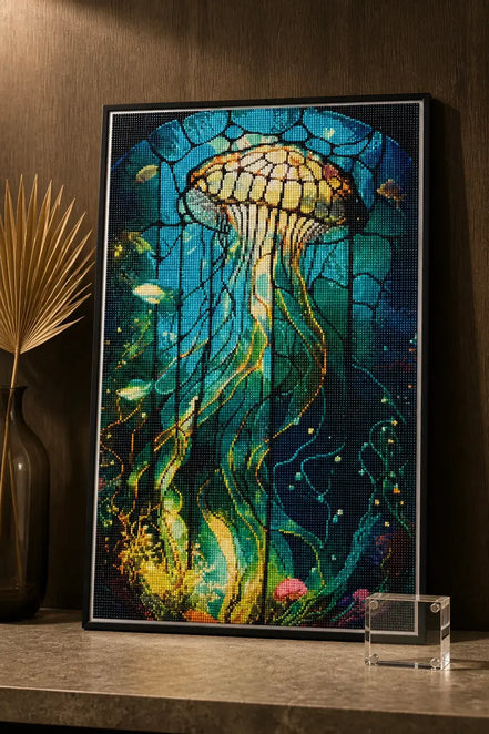Luminous Drift Diamond Painting featuring a jellyfish design in vibrant colors and resin diamonds on display.
