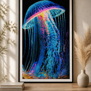 Luminous Drift Jellyfish Diamond Painting featuring vibrant blues and purples, set against a dark ocean backdrop.