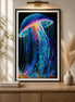 Luminous Drift Jellyfish Diamond Painting featuring vibrant blues and purples, set against a dark ocean backdrop.