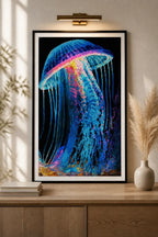 Luminous Drift Jellyfish Diamond Painting featuring vibrant blues and purples, set against a dark ocean backdrop.