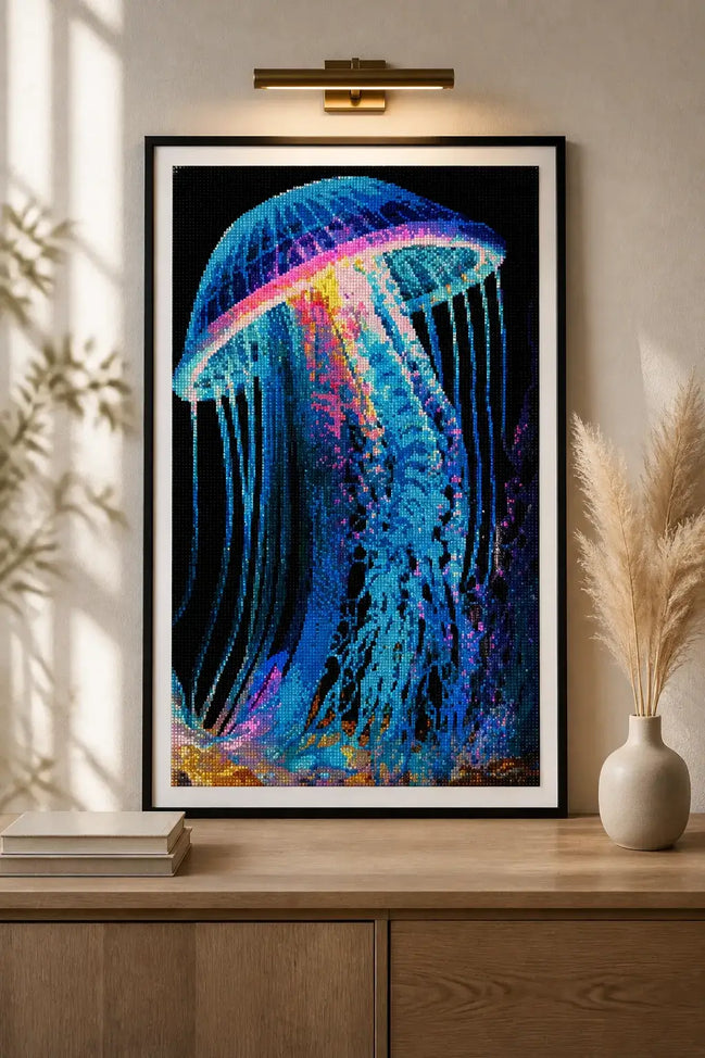 Luminous Drift Jellyfish Diamond Painting featuring vibrant blues and purples, set against a dark ocean backdrop.