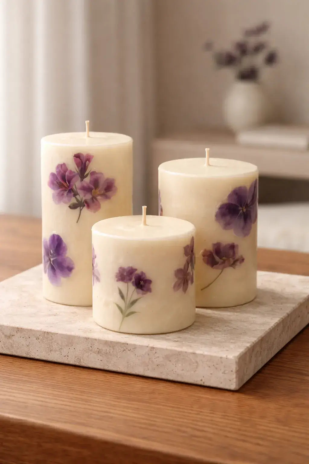 Three cream pillar candles with purple flower designs and unlit wicks on a rectangular stone slab atop a wooden table
