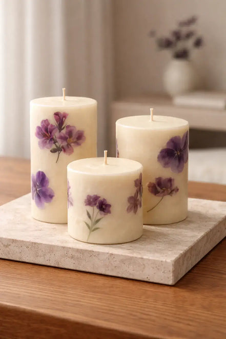 Three cream pillar candles with purple flower designs and unlit wicks on a rectangular stone slab atop a wooden table