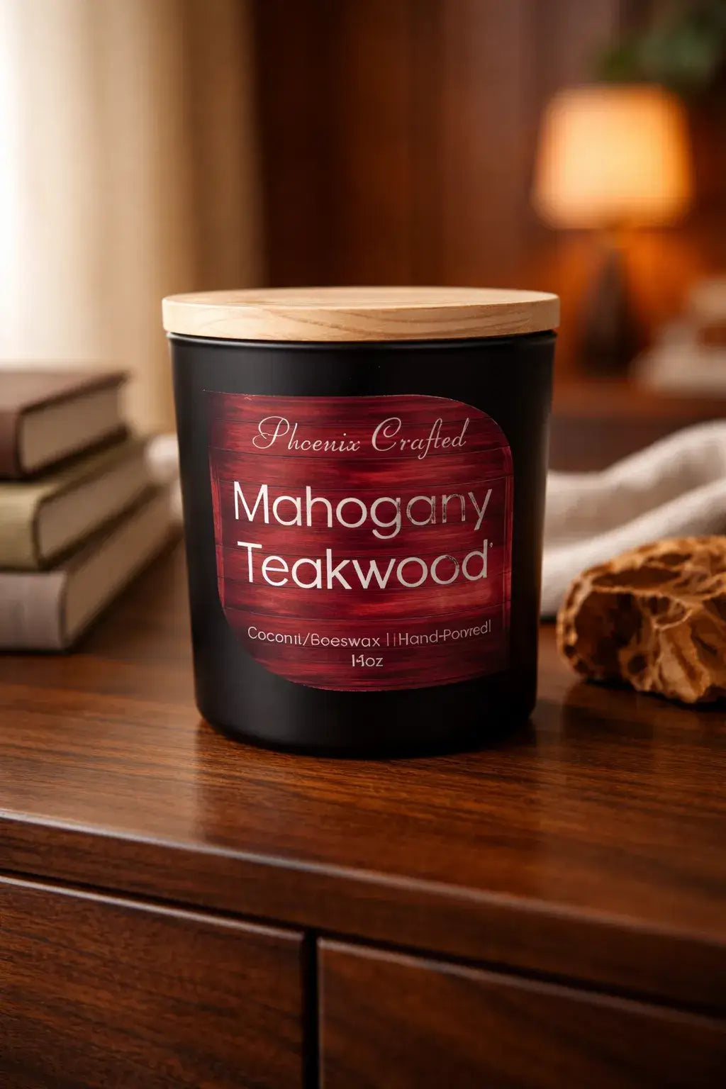 Black matte candle jar with a light wood lid and red wood-grain label reading 