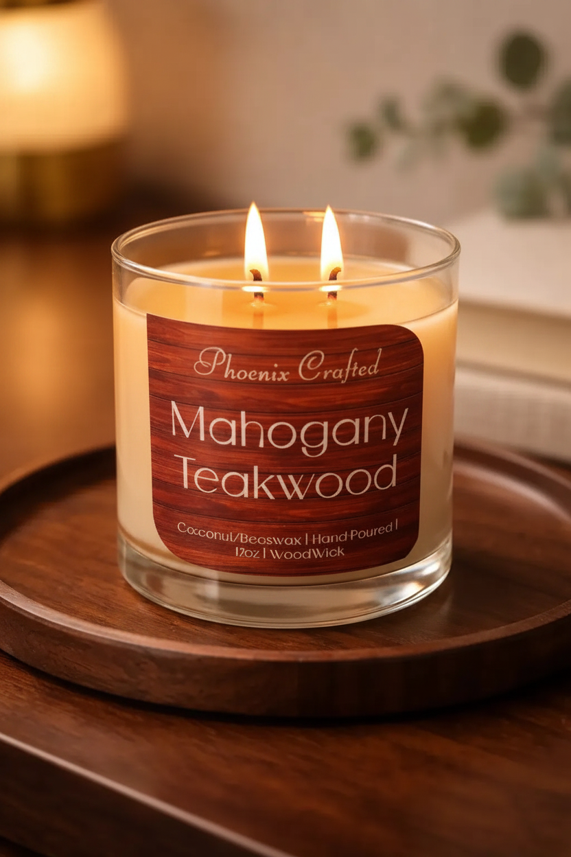 Clear glass jar candle labeled 'Phoenix Crafted Mahogany Teakwood' with two lit wicks and creamy wax on a round wooden tray, warm lamp-lit background