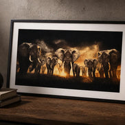 Majestic March finished elephant diamond artwork shown in a styled frame mockup; artwork is sold unframed.