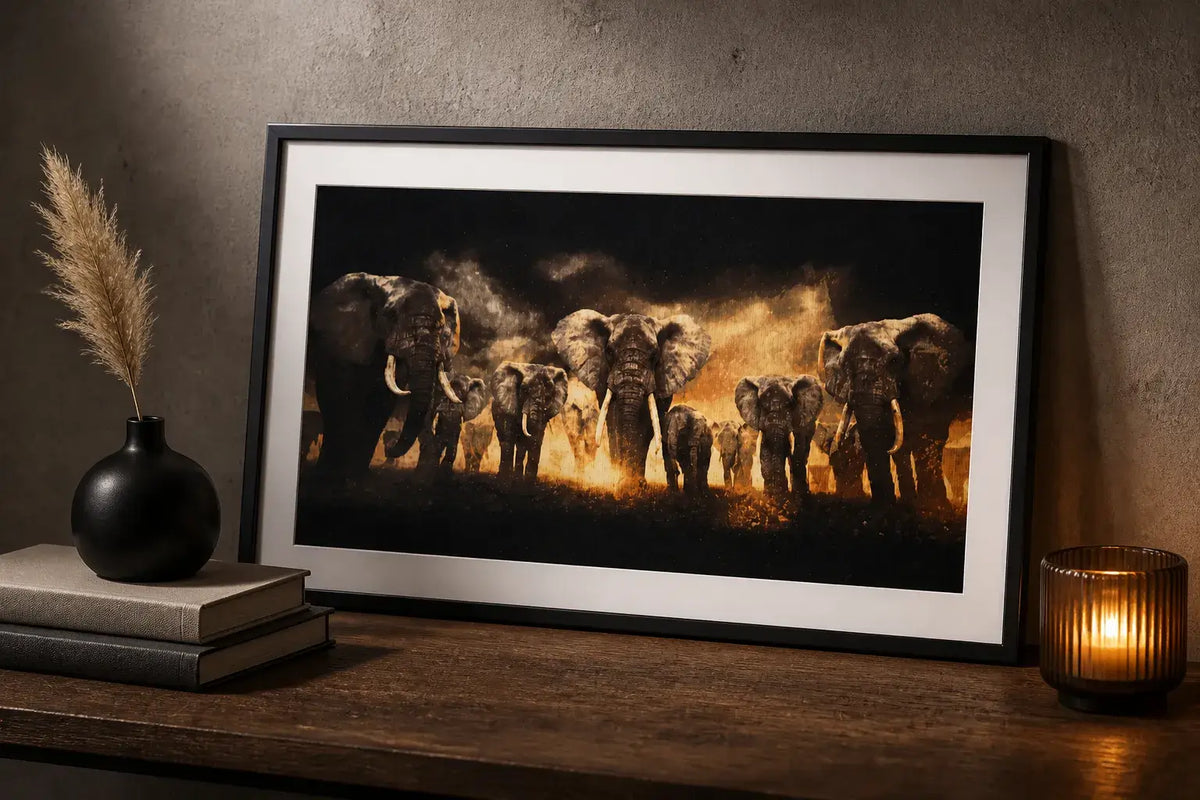 Majestic March finished elephant diamond artwork shown in a styled frame mockup; artwork is sold unframed.