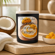 Mango Coconut Cream Candle in a stylish jar with tropical decor, highlighting its fruity scent and creamy coconut essence.